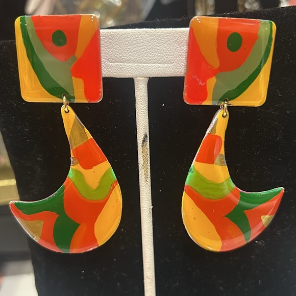 Vintage Groovy Retro Mod Painted Designer Earrings-boutique - Picture 3 of 9